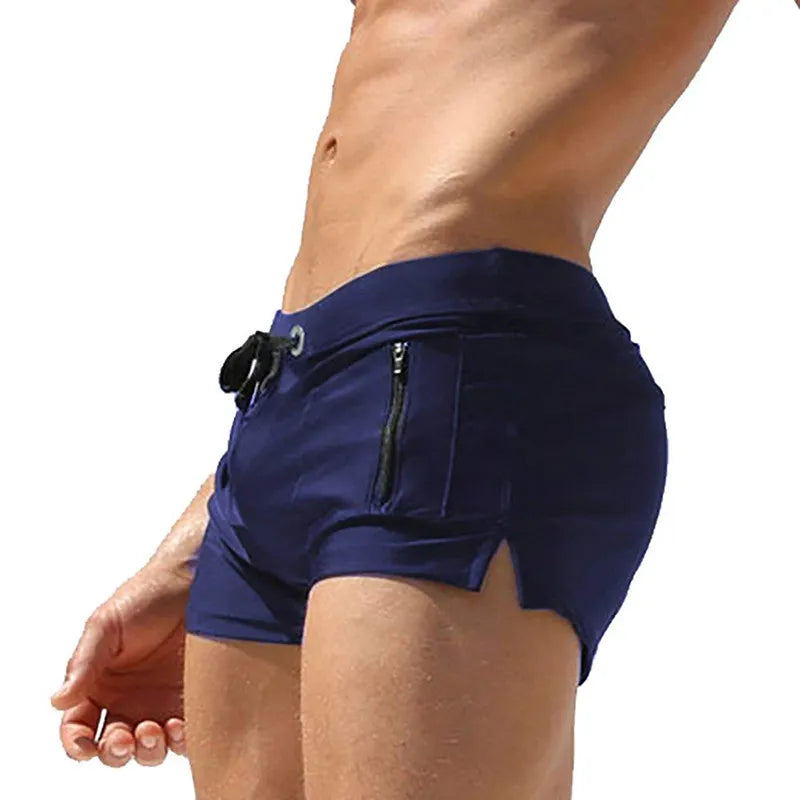 Blue mens swim trunks with pocket