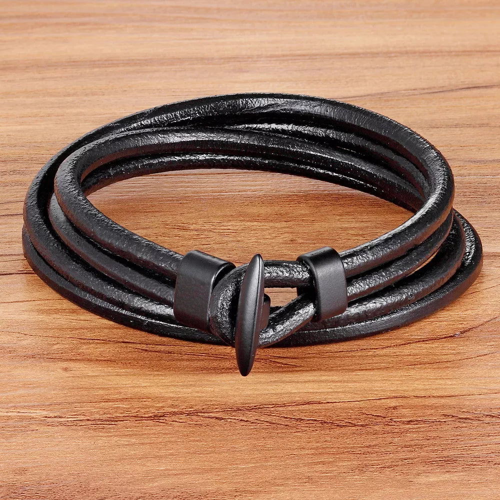 Hook Leather Black Anchor Bracelet - Mens Bracelet