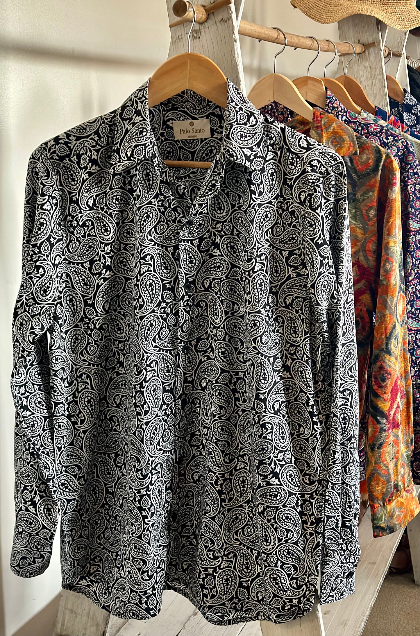 Black and White Traditional Paisley Silky Long Sleeve Button Up Shirt