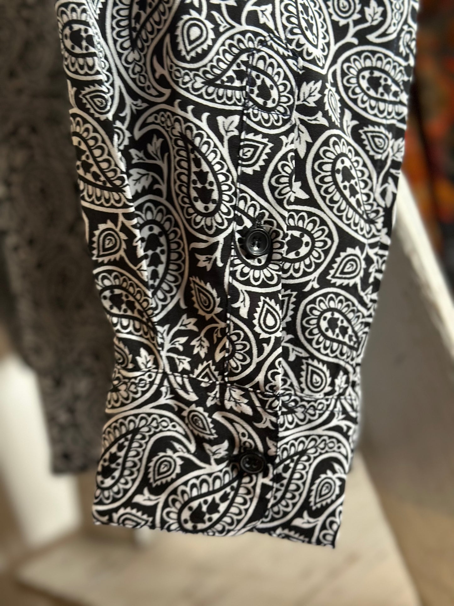 Black and White Traditional Paisley Silky Long Sleeve Button Up Shirt