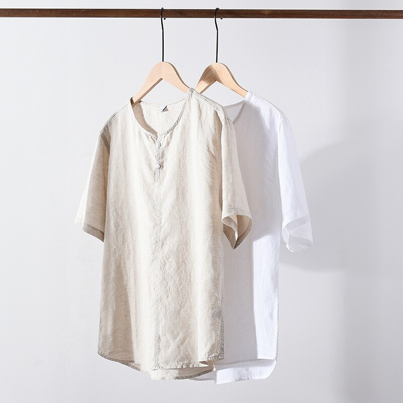 Cotton-Linen Woven Mix Round Neck T-shirt Top