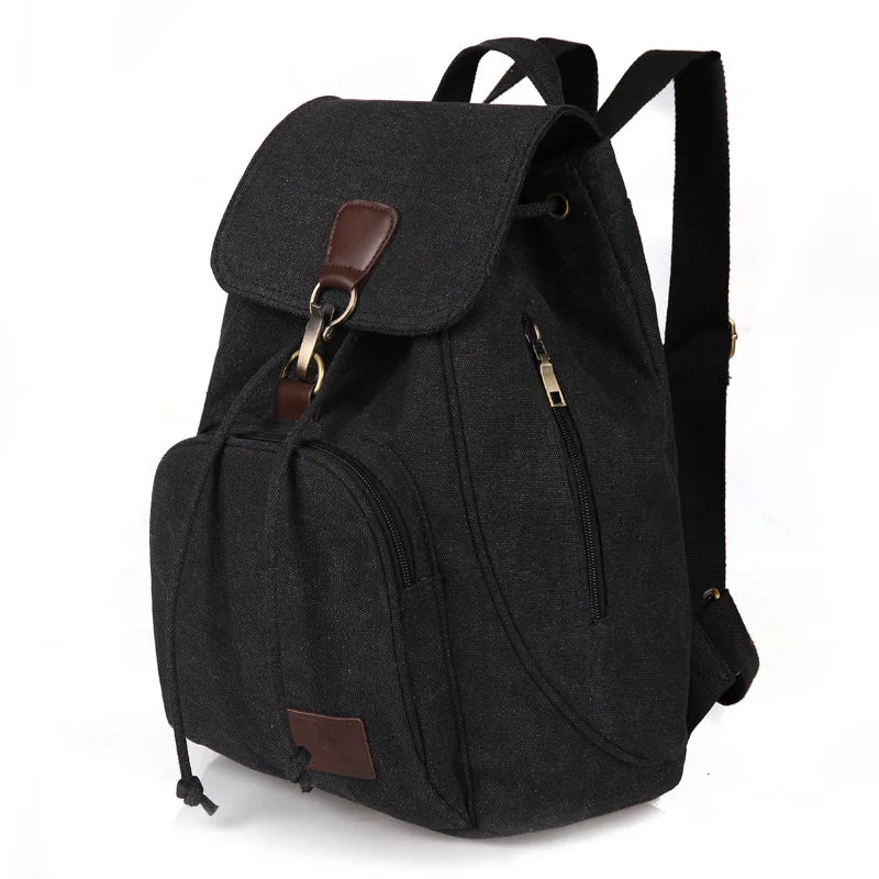 Black Large capacity backpack made from durable canvas material and lined with smooth polyester, with interior pockets.