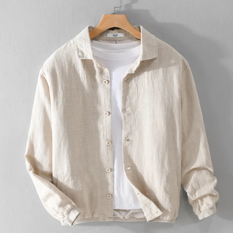 Natural colour button up jacket worn over a t-shirt