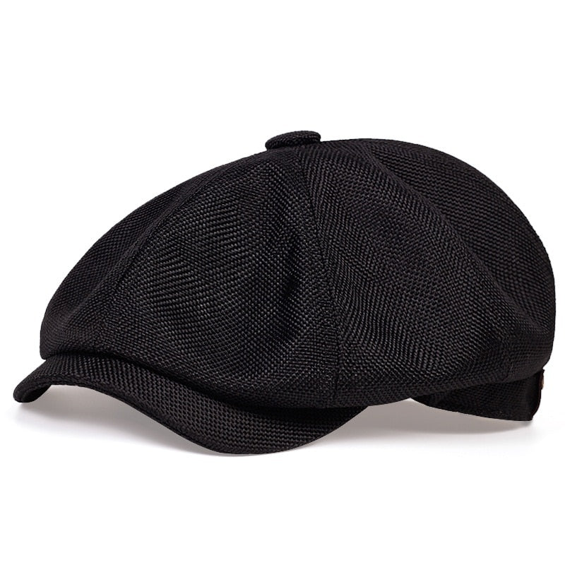 Black English Flat Cap style hat Panels with twin stitching Classic top fabric-covered button