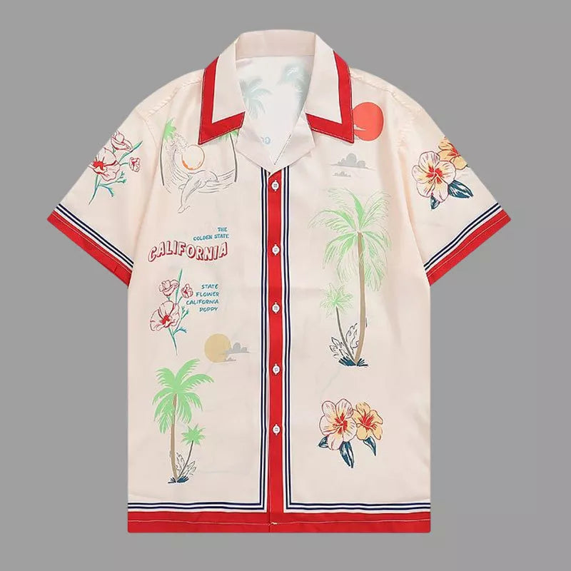 Vintage California post card inspired bowler shirt with contrast borders. 