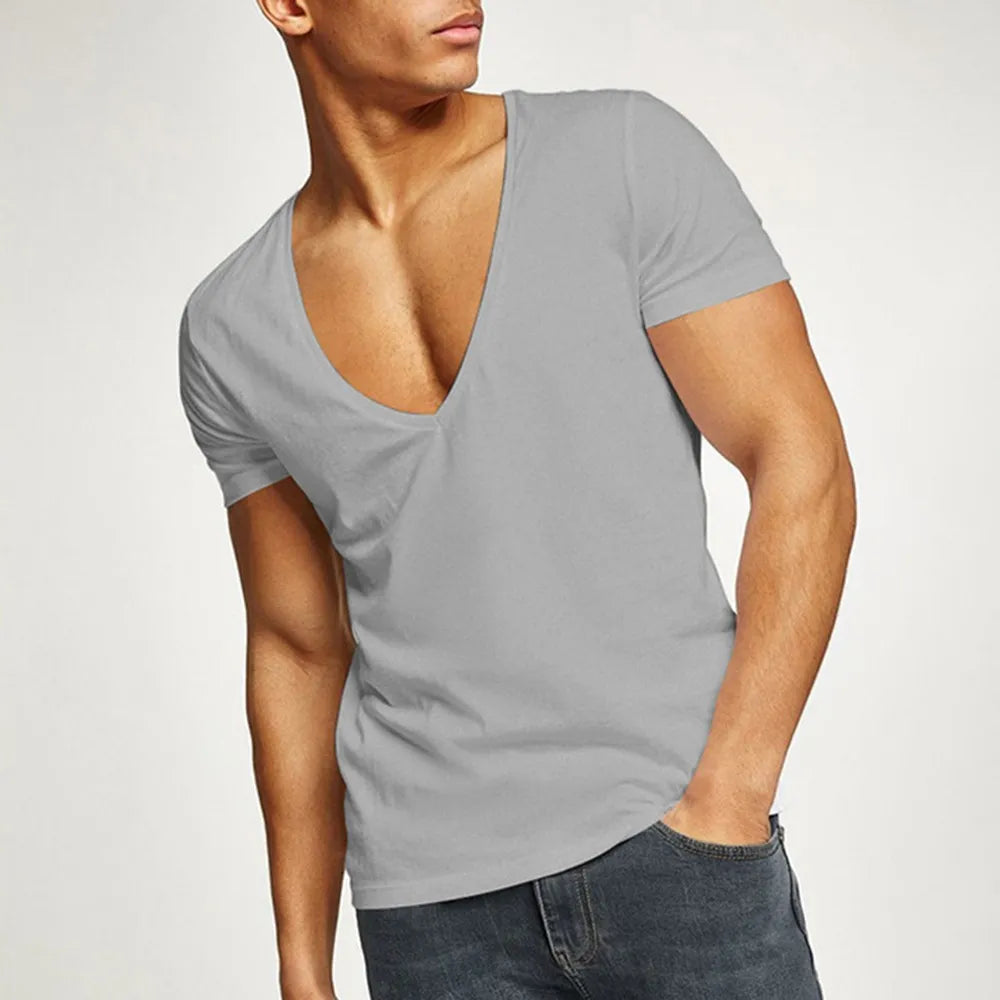 Quick Drying Mens fitted T-shirt, short length, perfect for a workout, run features V-neck, made from a quick-drying fine high tech poly cloth.