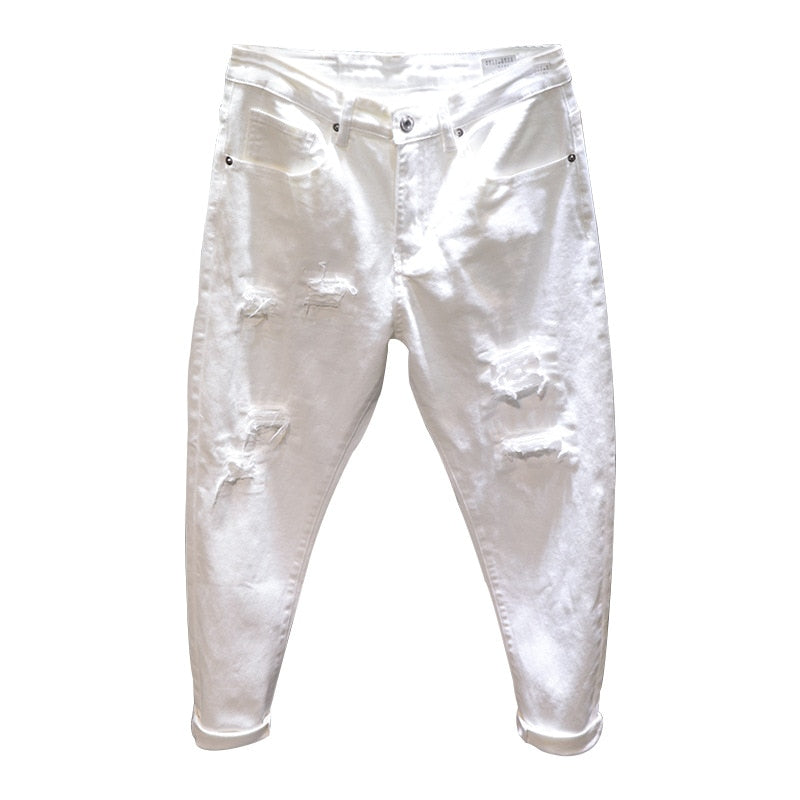 White Ripped Baggy Stretch Denim Jeans - Mens Pants