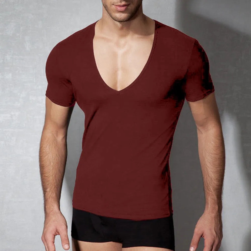 Quick Drying Mens fitted T-shirt, short length, perfect for a workout, run features V-neck, made from a quick-drying fine high tech poly cloth.