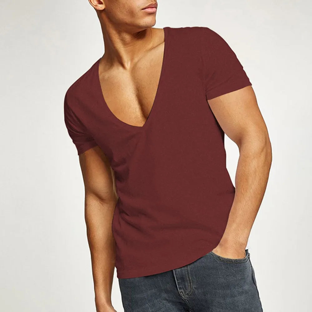 Quick Drying Mens fitted T-shirt, short length, perfect for a workout, run features V-neck, made from a quick-drying fine high tech poly cloth.