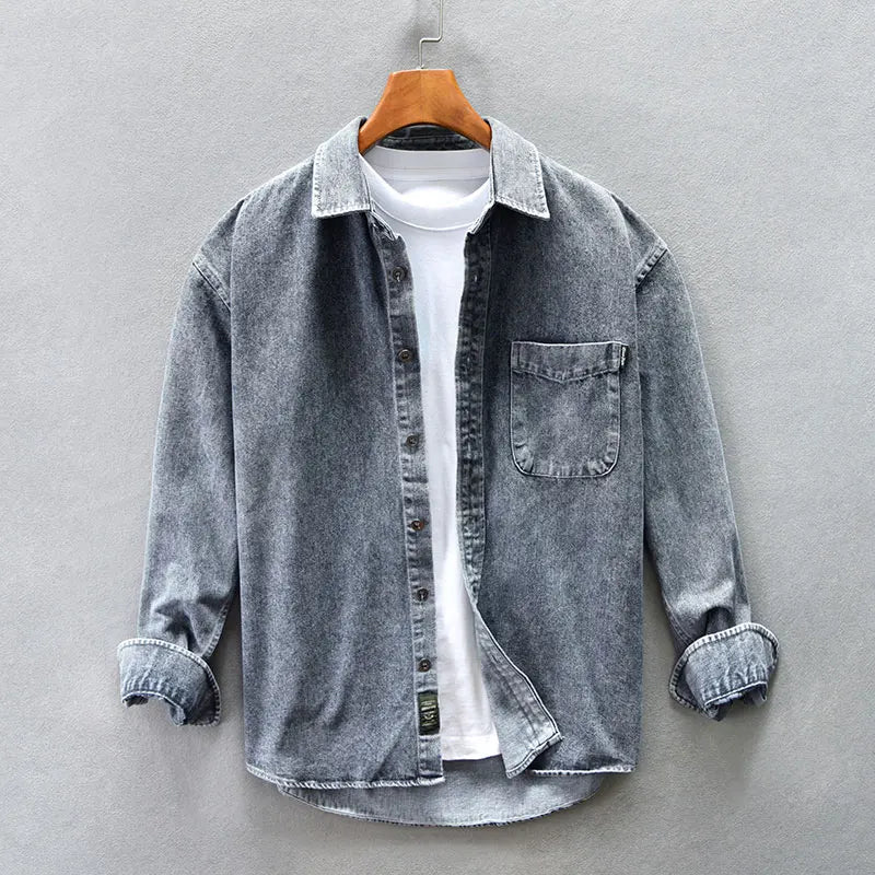 Blue-grey Soft denim  button-up shirt and turn-down collar.