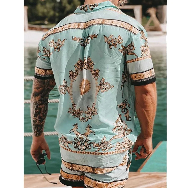 Italian Style Baroque Print Mens Set of Shirt and Shorts