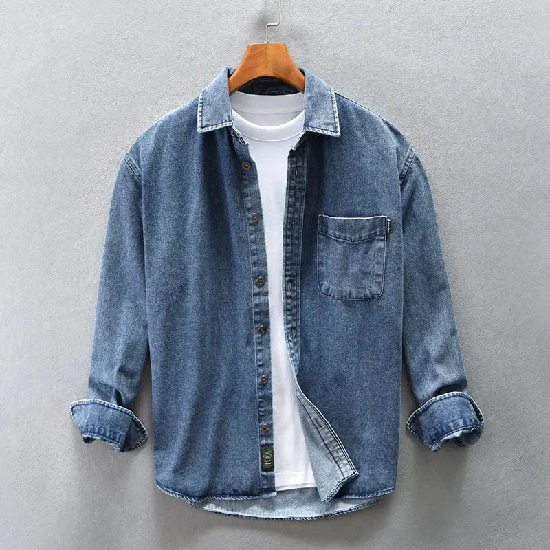 Blue Soft denim  button-up shirt and turn-down collar.