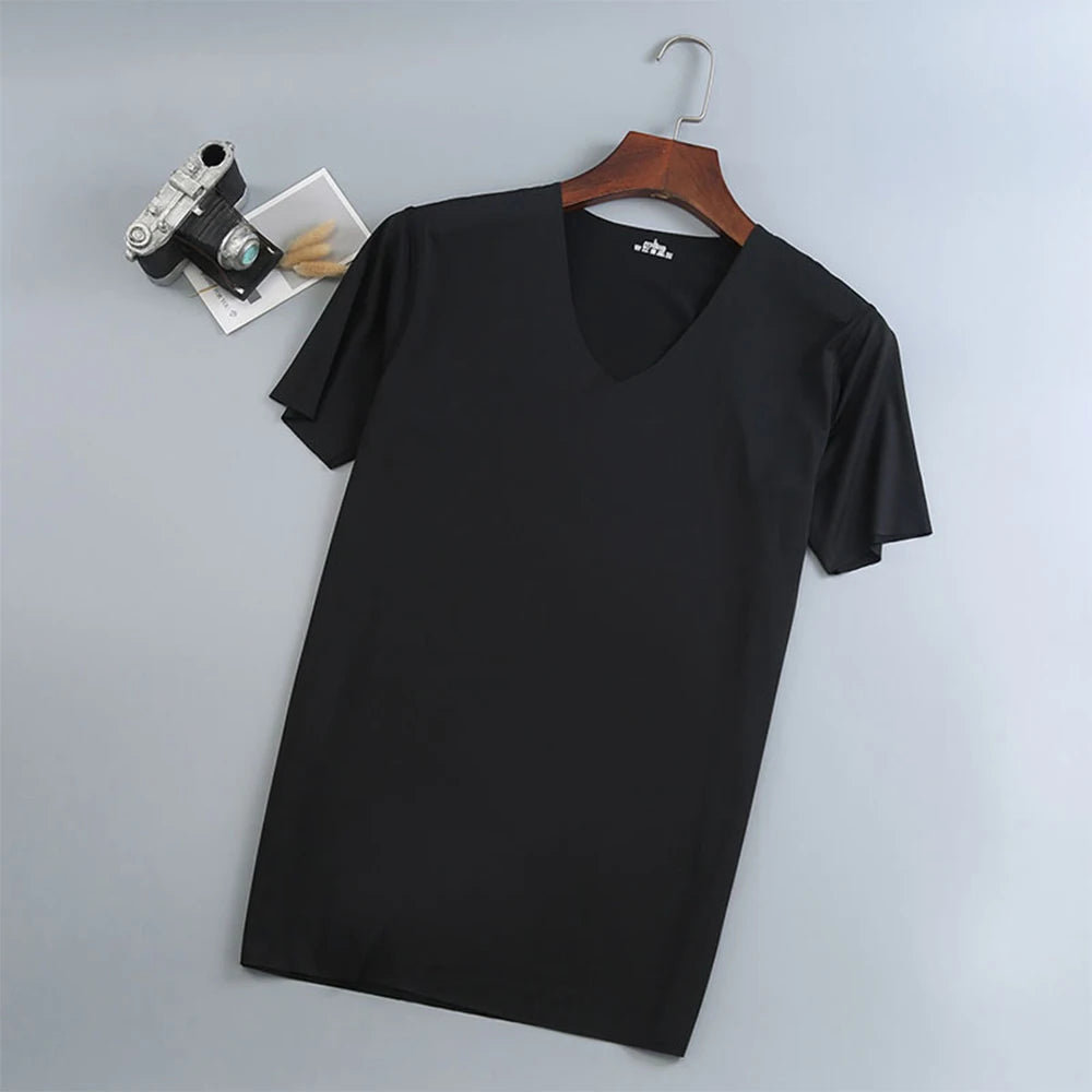 Quick Drying Mens fitted T-shirt, short length, perfect for a workout, run features V-neck, made from a quick-drying fine high tech poly cloth.