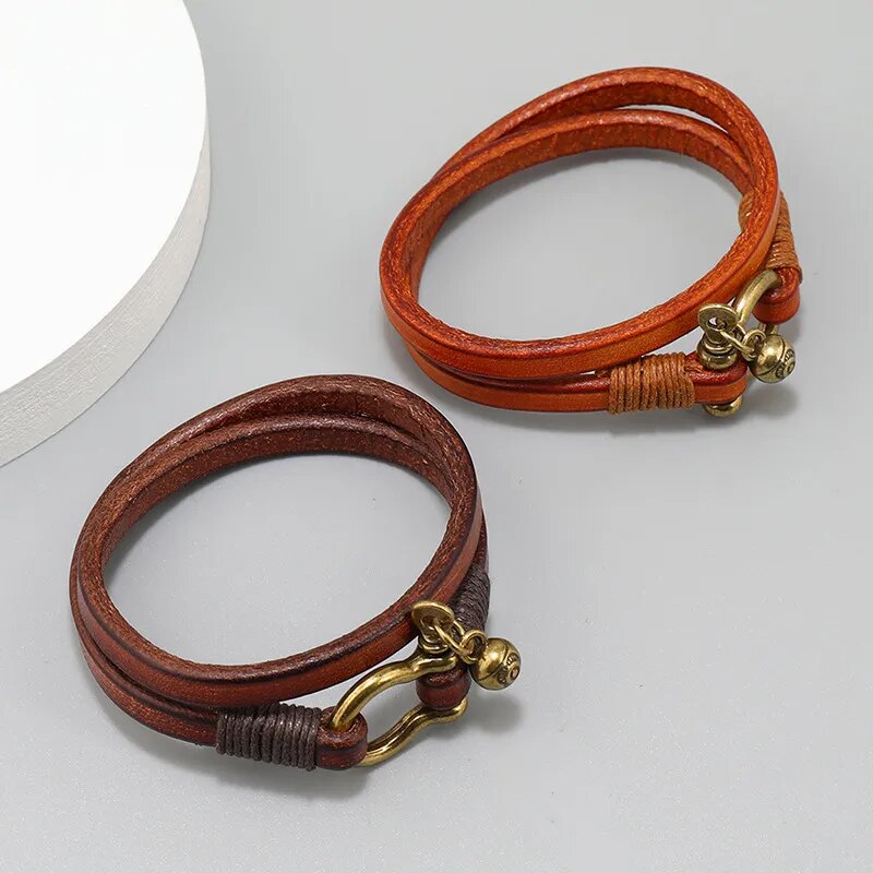 Double Wrap Loop Leather Bracelet with Horseshoe Buckle Detail