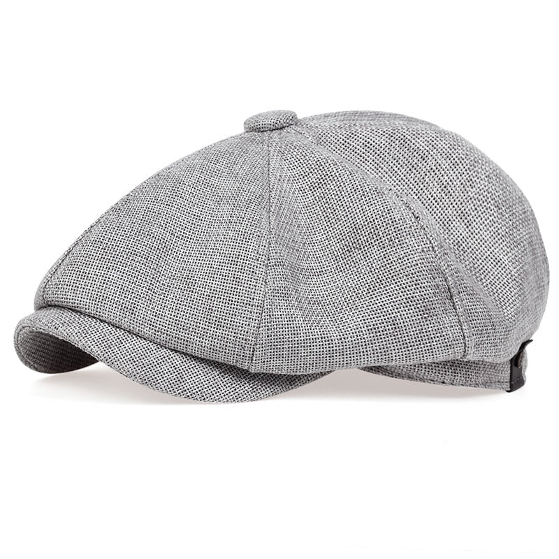 Grey English Flat Cap style hat Panels with twin stitching Classic top fabric-covered button