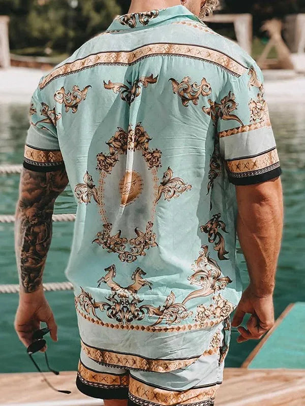 Italian Style Baroque Print Mens Set of Shirt and Shorts