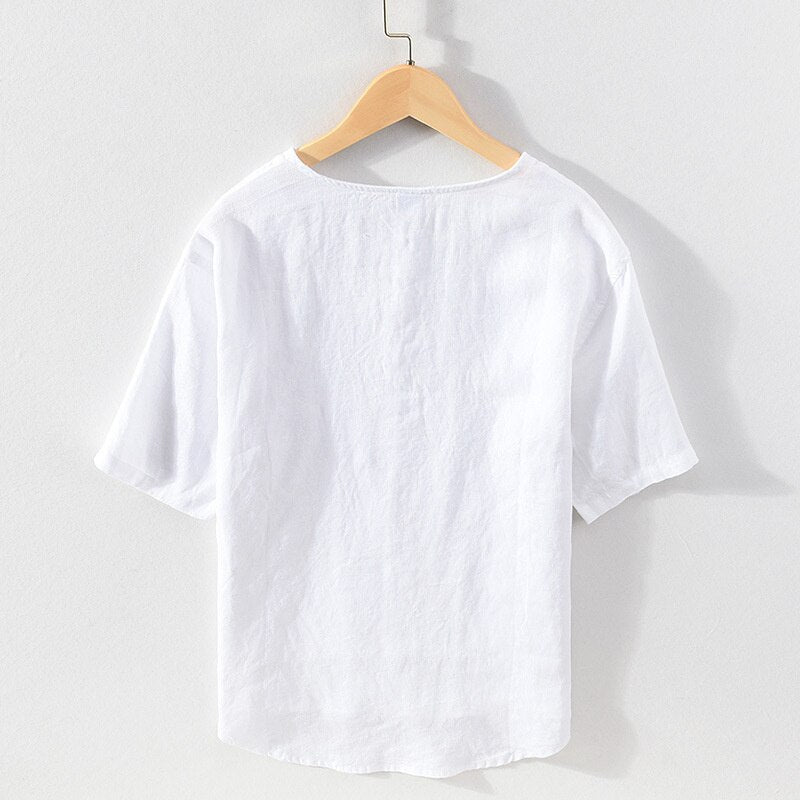 Cotton-Linen Woven Mix Round Neck T-shirt Top