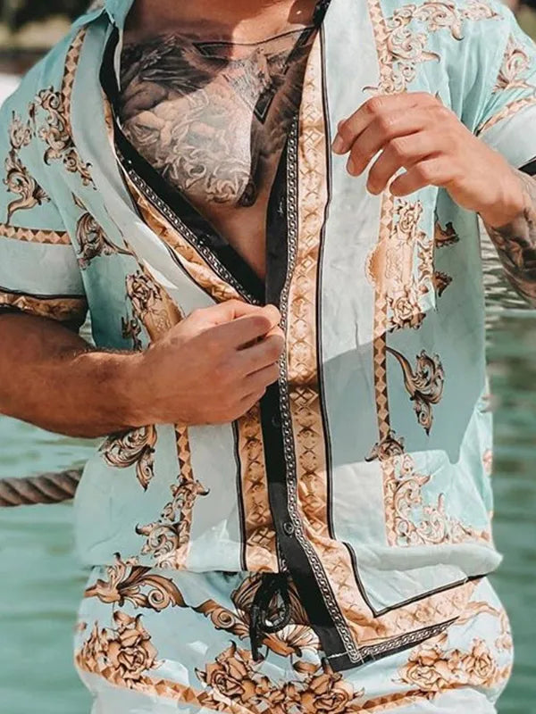 Italian Style Baroque Print Mens Set of Shirt and Shorts