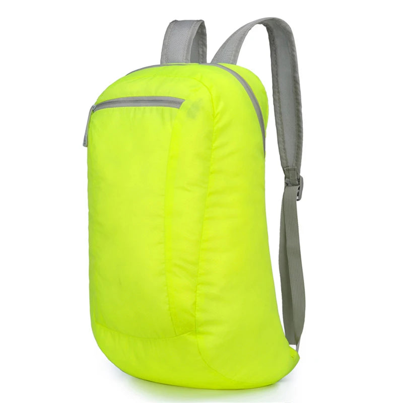 Flouro green nylon foldable lightweight backpack with grey straps