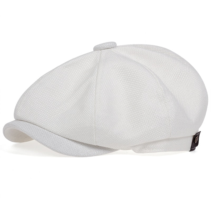 White English Flat Cap style hat Panels with twin stitching Classic top fabric-covered button