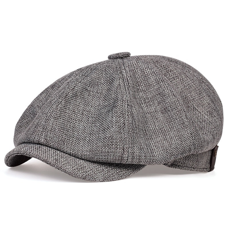 Grey English Flat Cap style hat Panels with twin stitching Classic top fabric-covered button