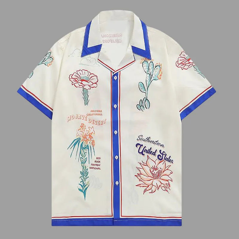 Vintage California post card inspired bowler shirt with contrast borders. 