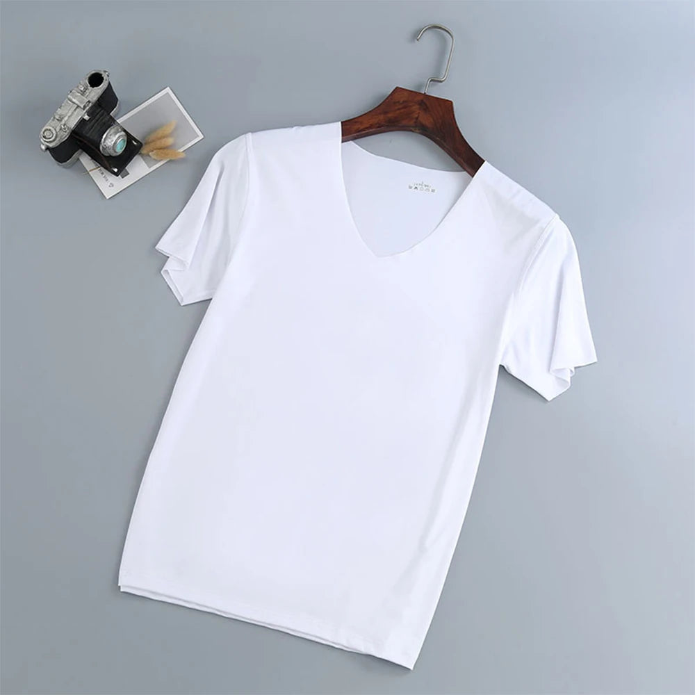 Quick Drying Mens fitted T-shirt, short length, perfect for a workout, run features V-neck, made from a quick-drying fine high tech poly cloth.