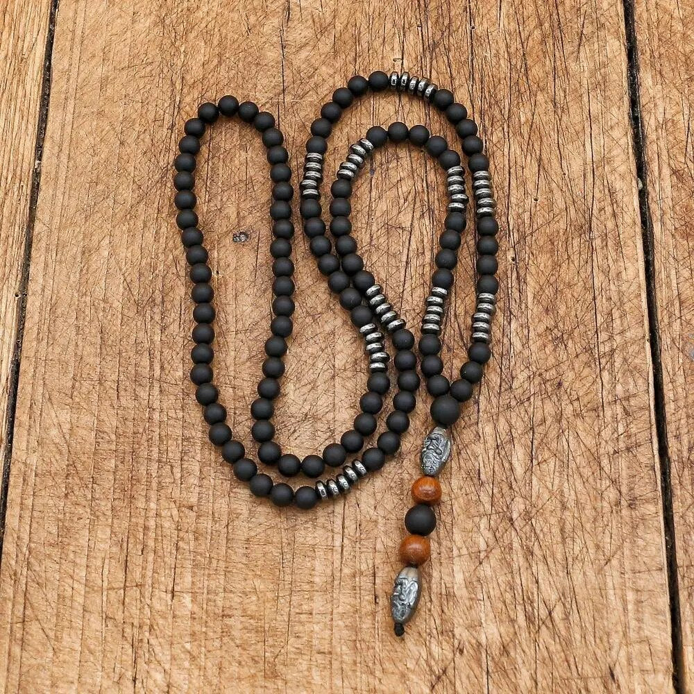 Handmade 6mm Black Matte Onyx Hematite Carving Bead  Necklace - Mens necklace