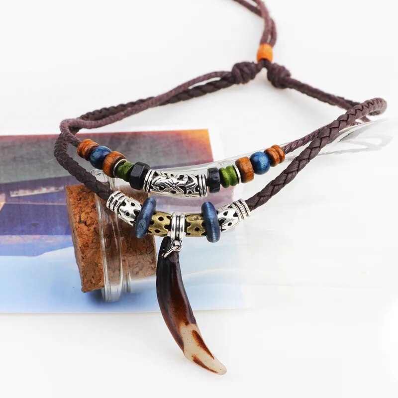 Bohemian Wolf Tooth Pendant Tribal Design Necklace