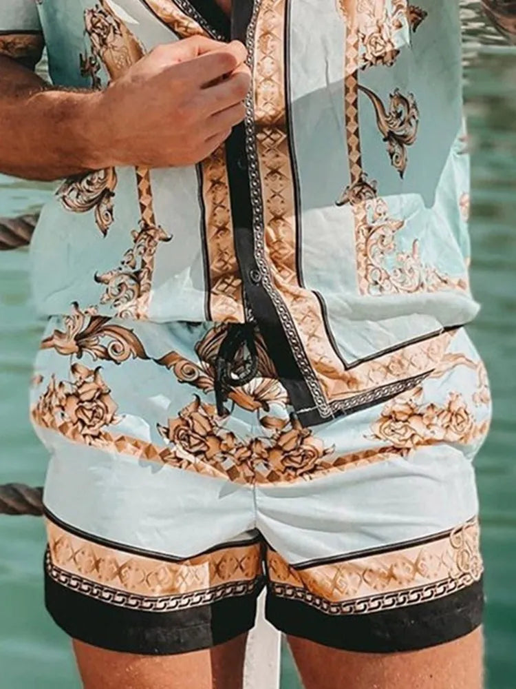 Italian Style Baroque Print Mens Set of Shirt and Shorts