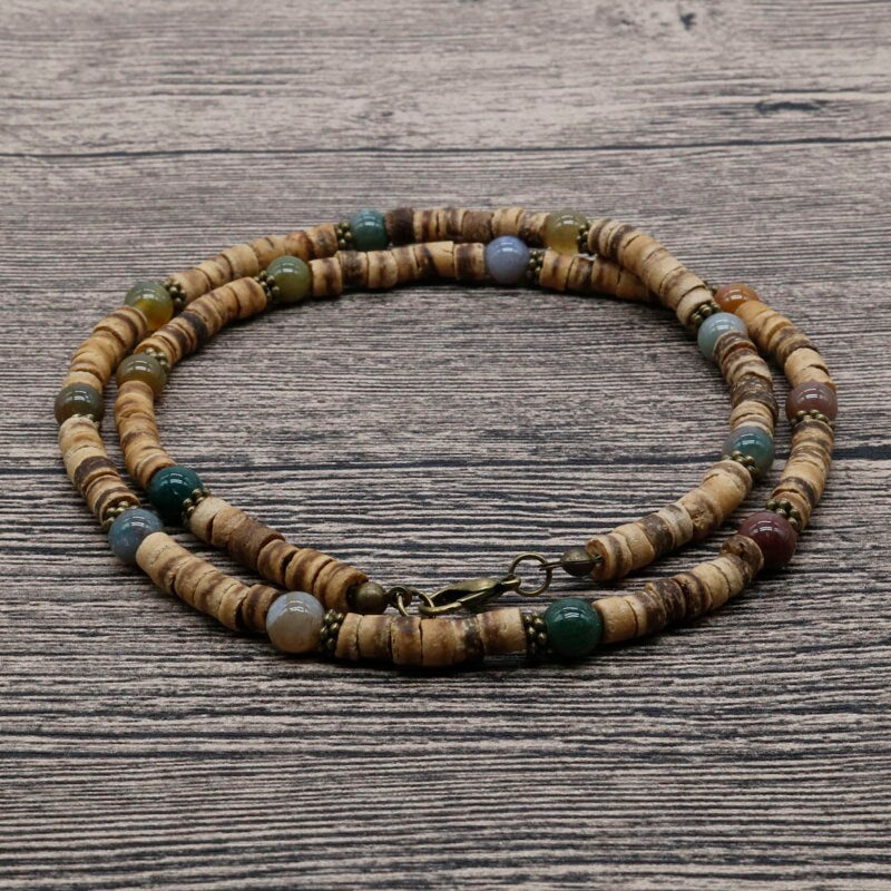 Natural Indian onyx and coconut shell Bohemian style men's necklace