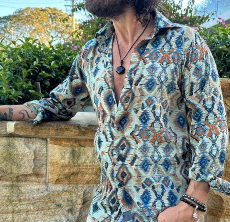 Aztec Print Silky Long Sleeve Button Up Shirt