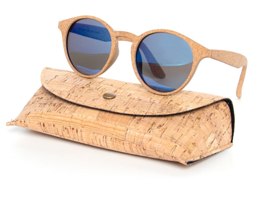 Blue round sunglasses with cork case