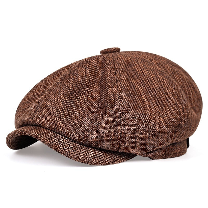 Brown English Flat Cap style hat Panels with twin stitching Classic top fabric-covered button