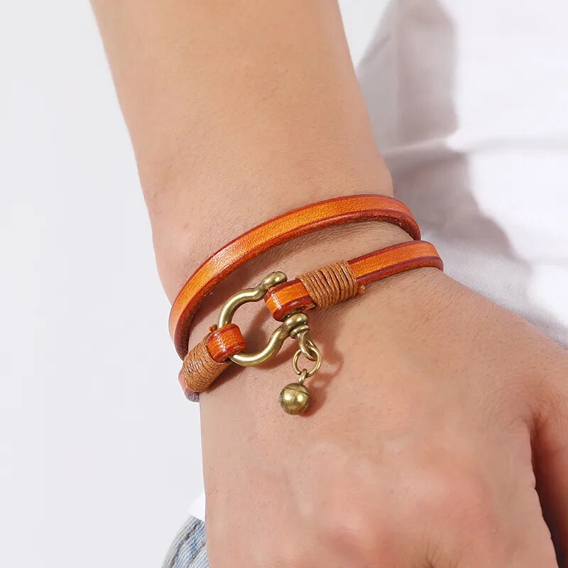 Double Wrap Loop Leather Bracelet with Horseshoe Buckle Detail