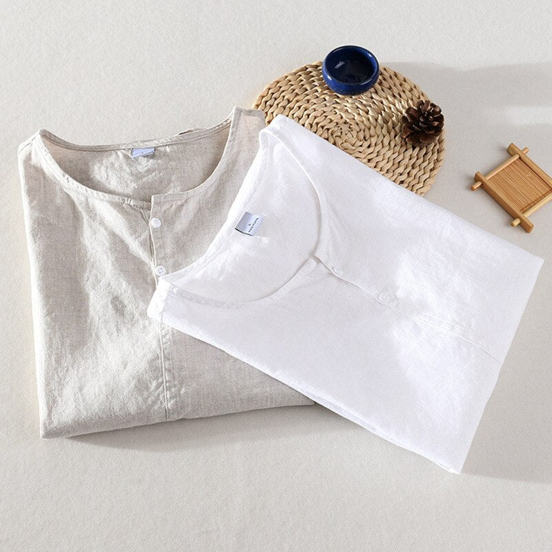 Cotton-Linen Woven Mix Round Neck T-shirt Top