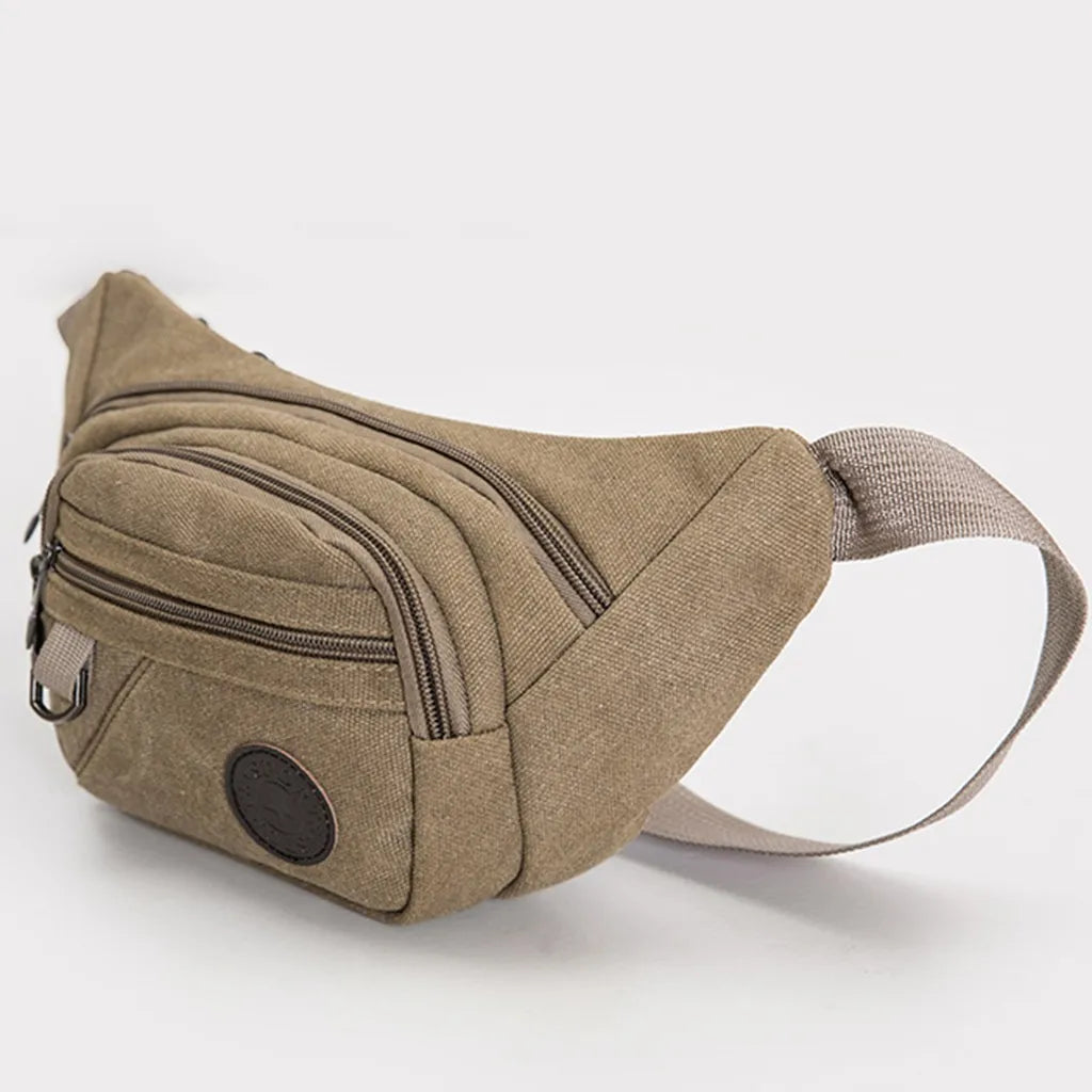  Khaki Canvas Bum Bag with Multiple Compartments 