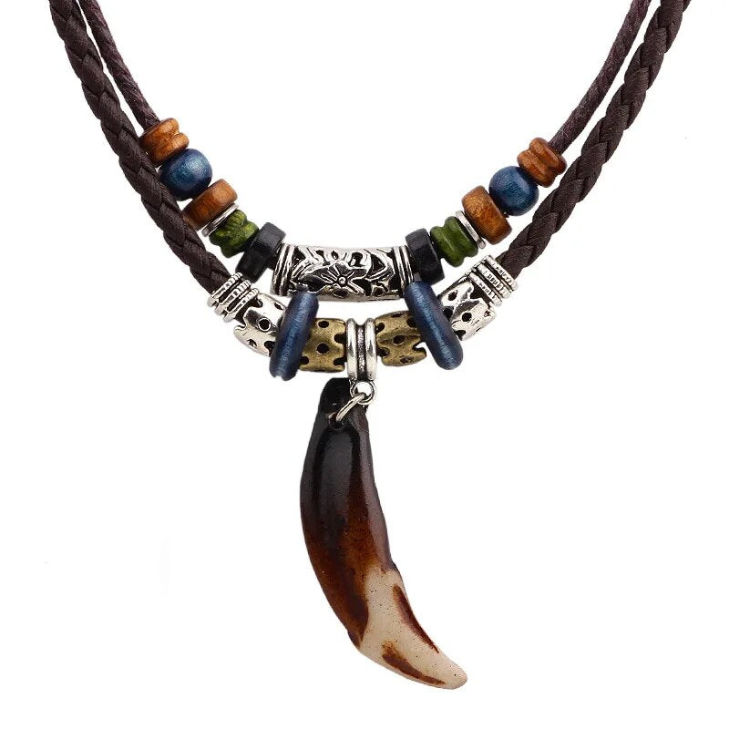 Bohemian Wolf Tooth Pendant Tribal Design Necklace