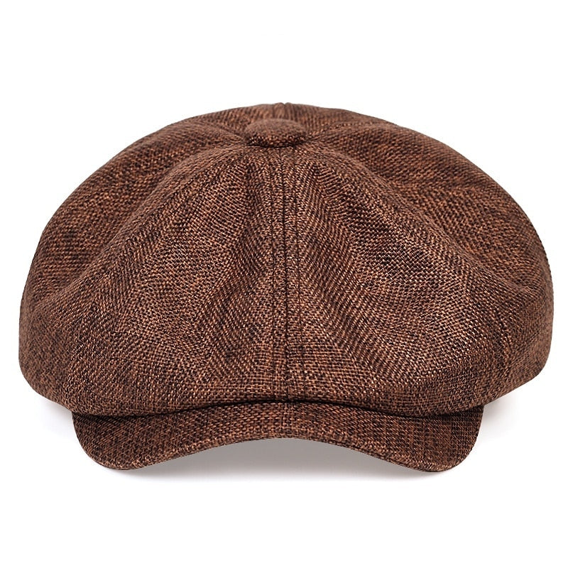 Brown English Flat Cap style hat Panels with twin stitching Classic top fabric-covered button