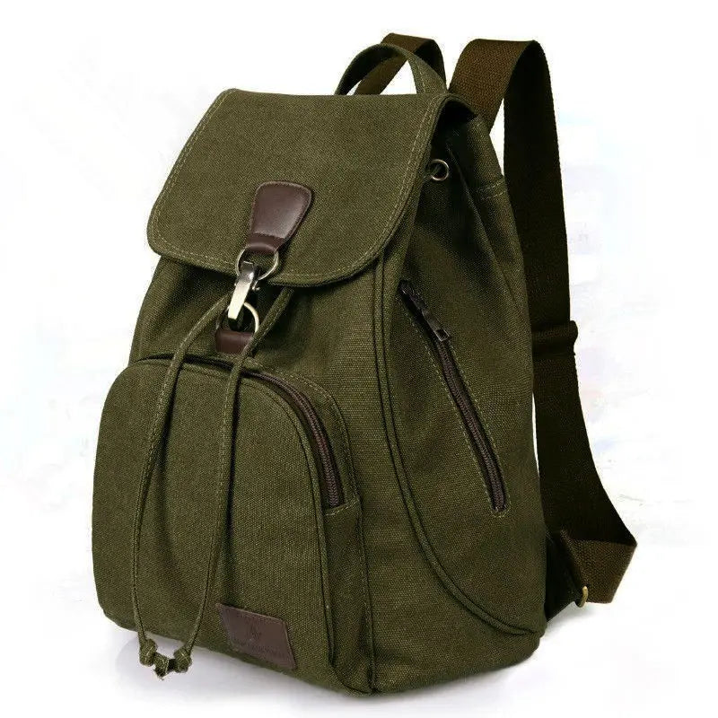 Olive green Large capacity backpack made from durable canvas material and lined with smooth polyester, with interior pockets.