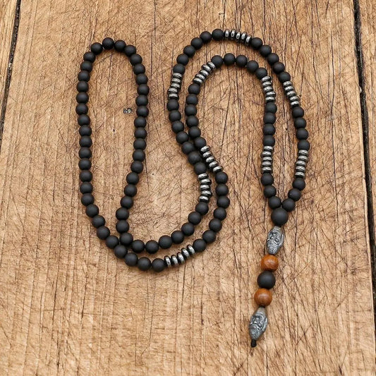 Handmade 6mm Black Matte Onyx Hematite Carving Bead  Necklace - Mens necklace