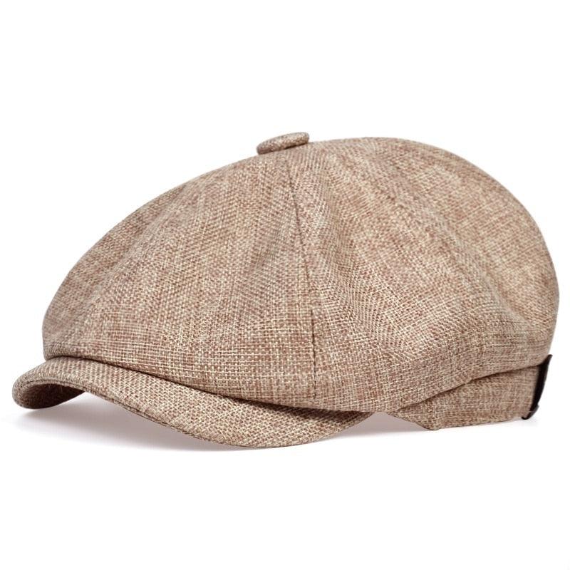 beige English Flat Cap style hat Panels with twin stitching Classic top fabric-covered button