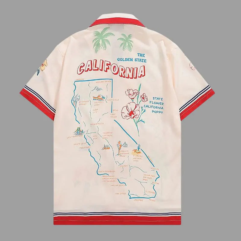 Vintage California post card inspired bowler shirt with contrast borders. 