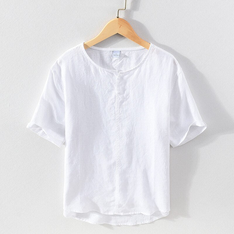 Cotton-Linen Woven Mix Round Neck T-shirt Top