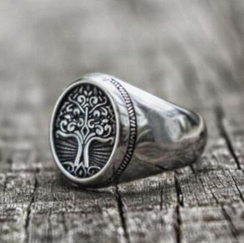 Vintage Tree of Life Stainless Steel Mens Ring