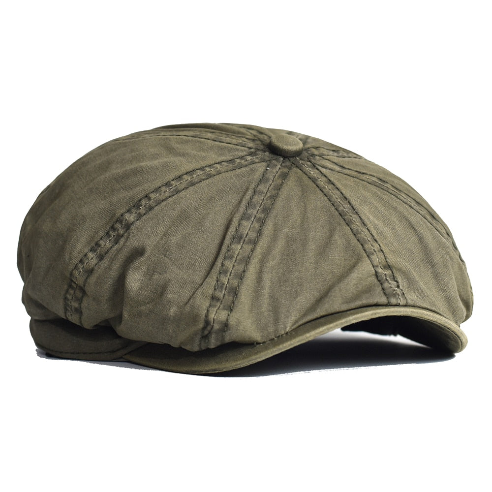 green Washed Cotton Newsboy Cap Octagonal Hat made from soft cotton, size 58-60cm.