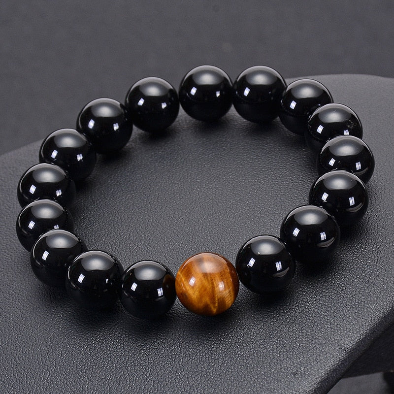 Black Agate with Tiger Eye Stone Beads Mens Bracelet