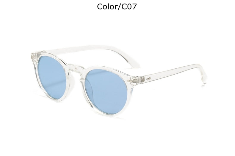 Classic sunglasses with oval plastic blue lenses.