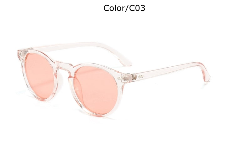 Classic sunglasses with oval plastic pink lenses.