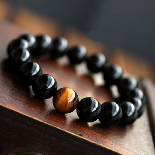 Black Agate with Tiger Eye Stone Beads Mens Bracelet